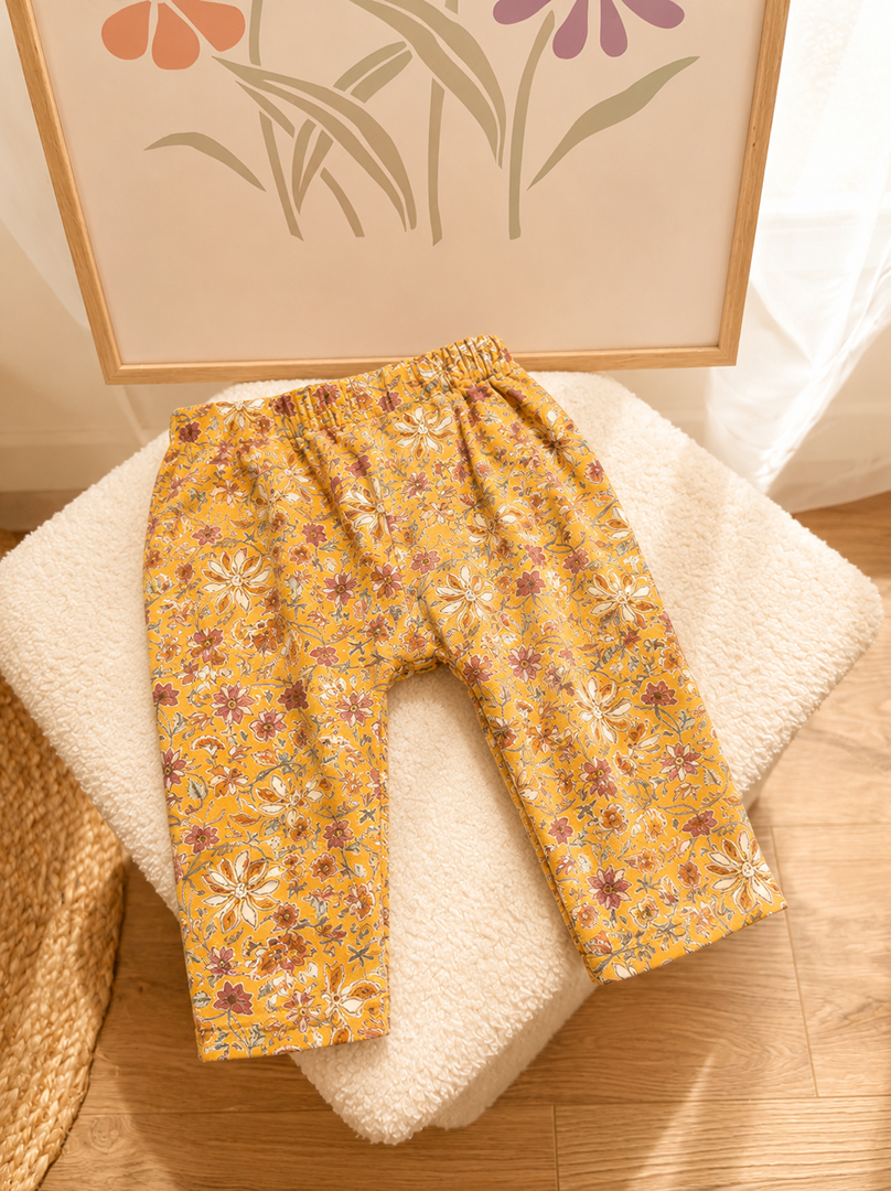 Pantalon sarouel fille Sergent Major 9 mois jaune moutarde fleuri mi-saison