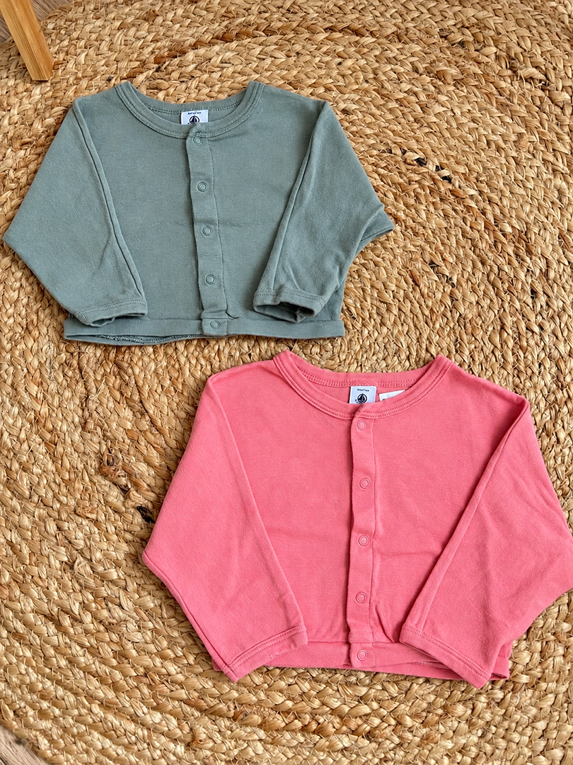 Lot de 2 gilets fille rose et vert Petit Bateau 6 mois mi-saison manches longues