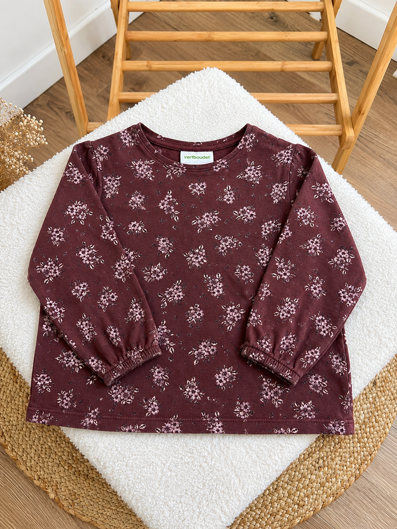 T-shirt manches longues fille Vertbaudet 2 ans marron mi-saison fleuri
