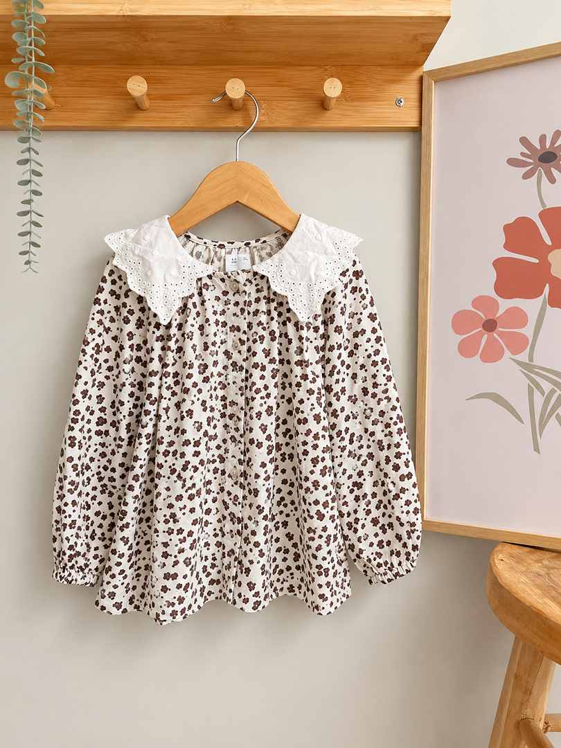 Blouse fille Zara 5 ans crème fleurs manches longues joli col mi-saison