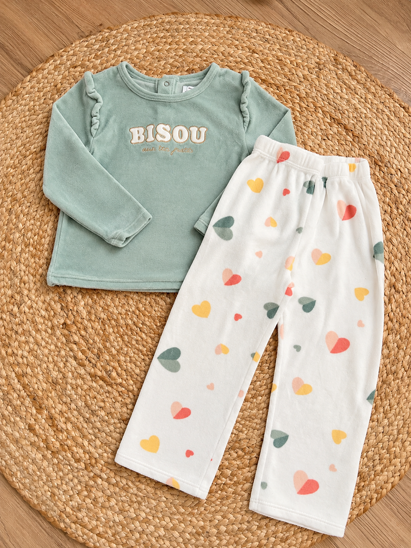Pyjama 2 pièce velours fille Gemo 3 ans mi-saison manches longues vert bisou