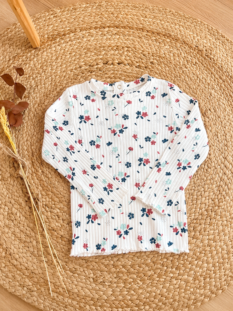 T-shirts côtelé Mots d'enfants 3 ans blanc fleuri fille mi-saison