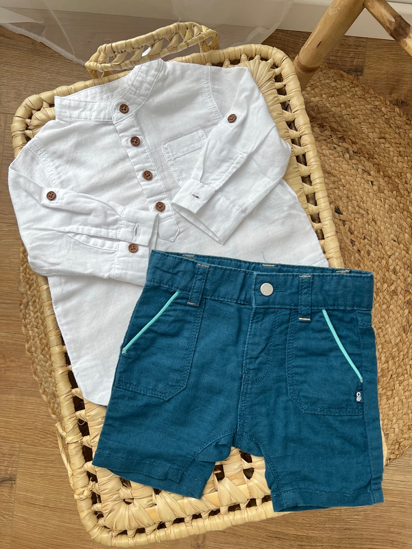 Ensemble chemise kiabi + short Obaïbi garçon 3 mois blanc bleu été