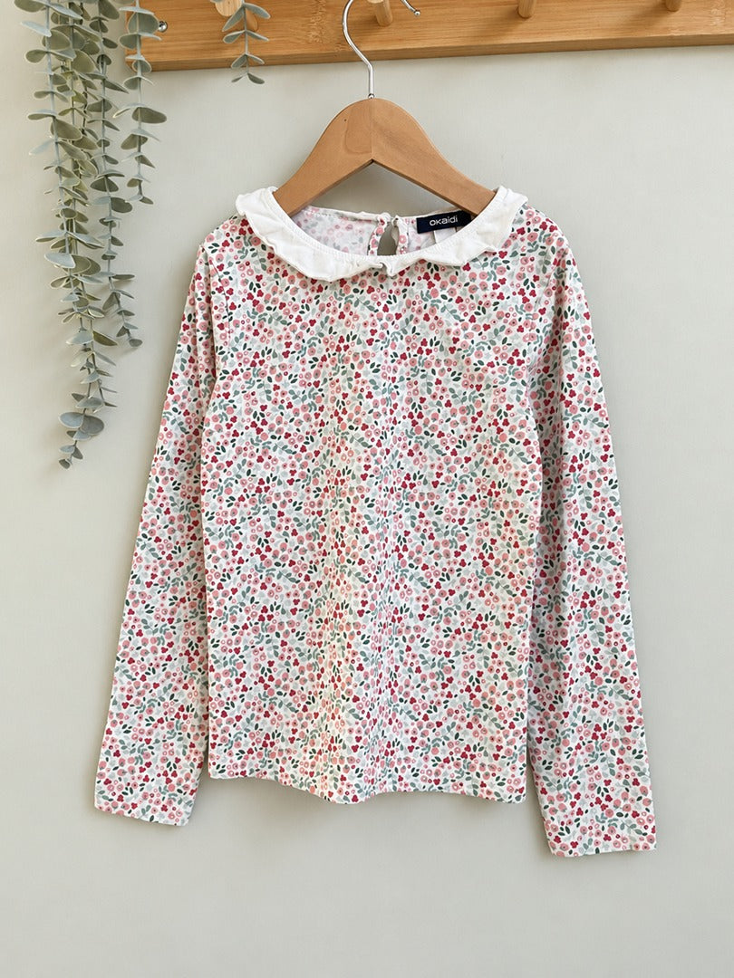 T-shirt manches longues fille Okaïdi rose et vert fleuri 8 ans mi-saison
