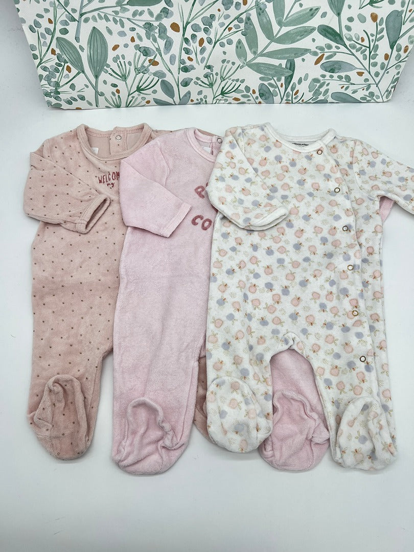 Lot 3 dors-bien pyjama 1 pièce en velour fille Kiabi & Orchestra verbaudet - 3 mois - Rose