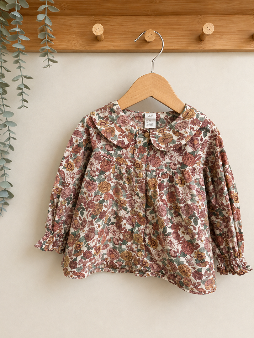 Blouse H&m rose et verte fille mi-saison manches longues à fleurs correspond à un 2 ans joli col