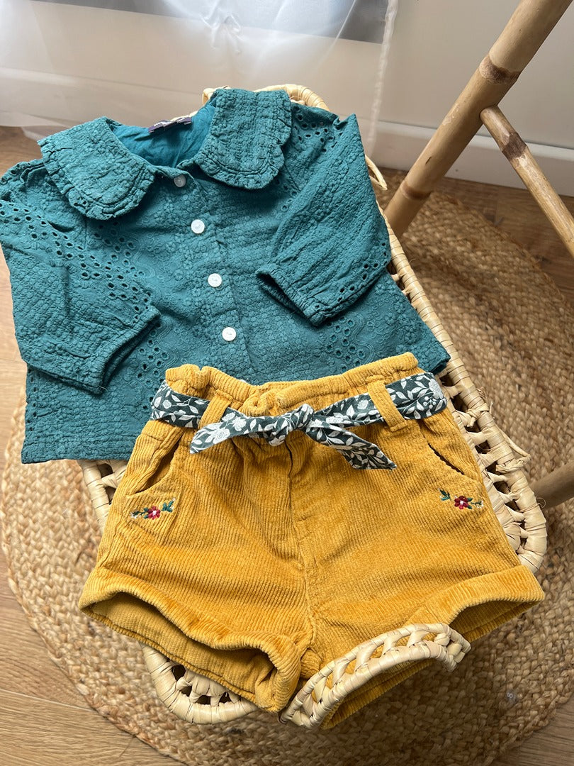 Ensemble blouse broderie short velours côtelé Sergent Major fille 6 mois vert moutarde mi-saison