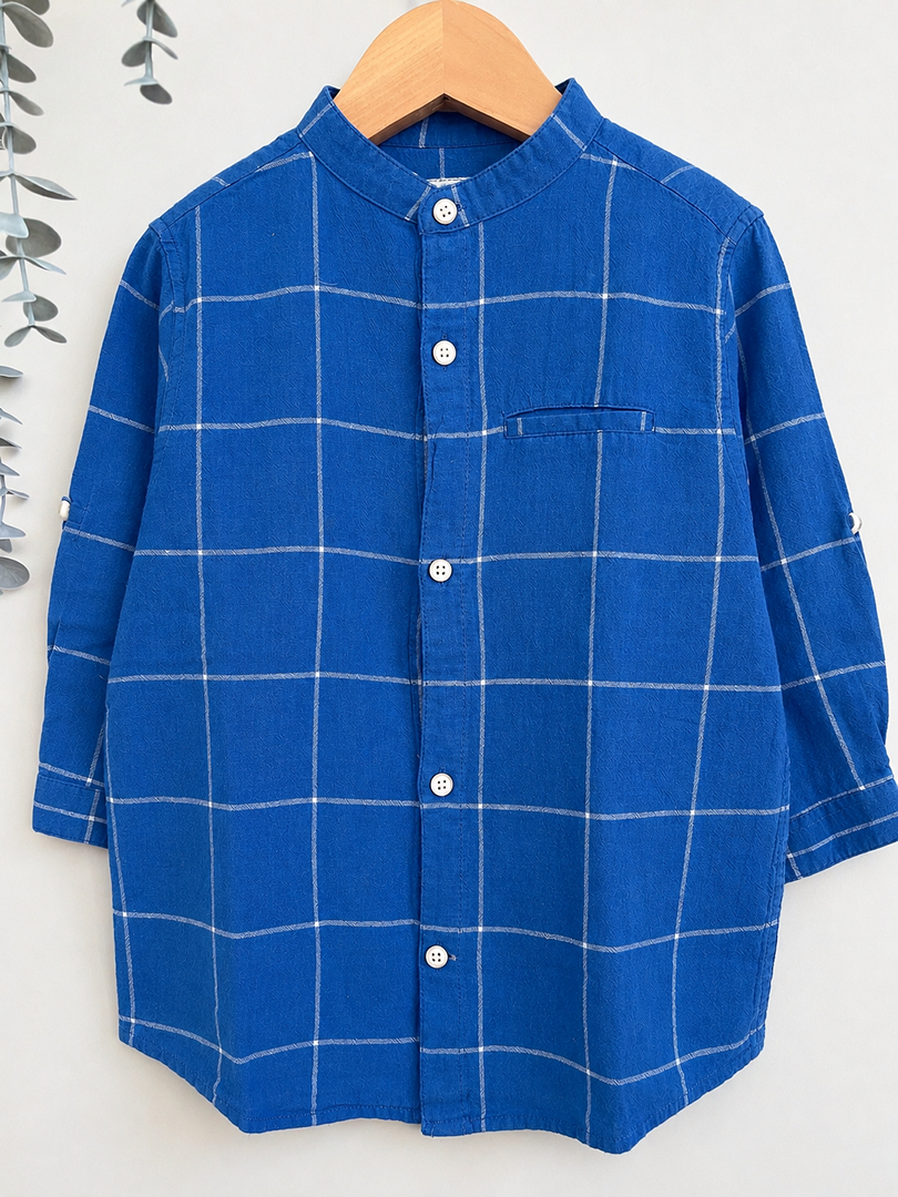 Chemise col mao Zara Boys 6 ans bleu à carreaux garçon mi-saison