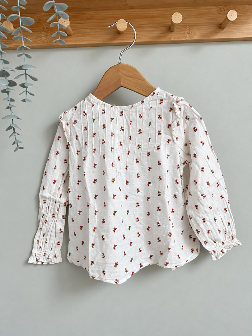 Blouse manches longues Zara fille blanc fleuri mi-saison 3 ans
