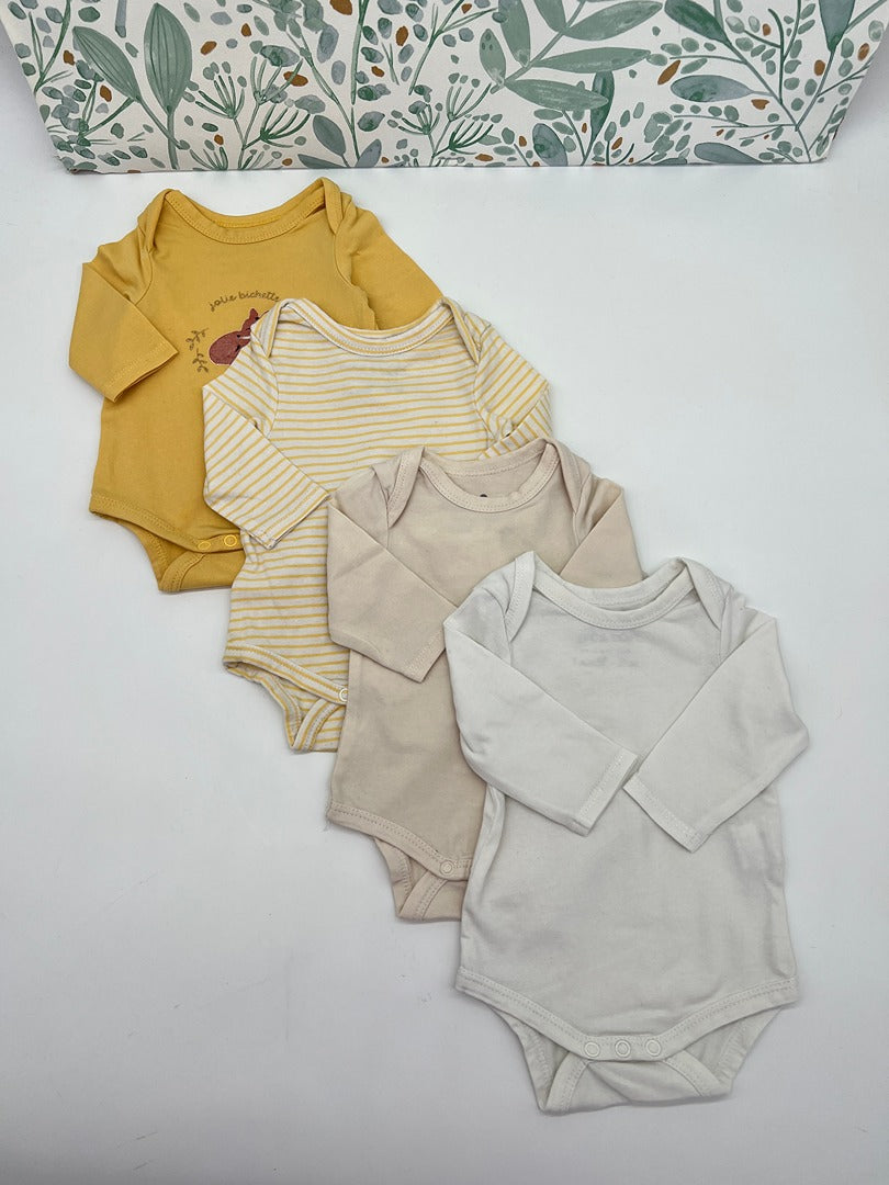 Lot 4 bodys Tape à l'oeil 1 mois jaune moutarde fille manches longues col Us