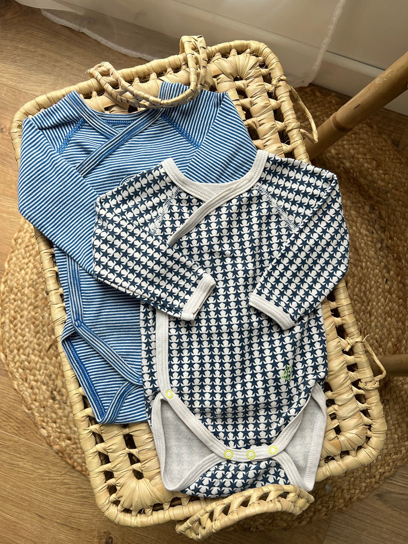 Lot 2 bodies croisés Petit Bateau 3 mois bleu garçon manches longues