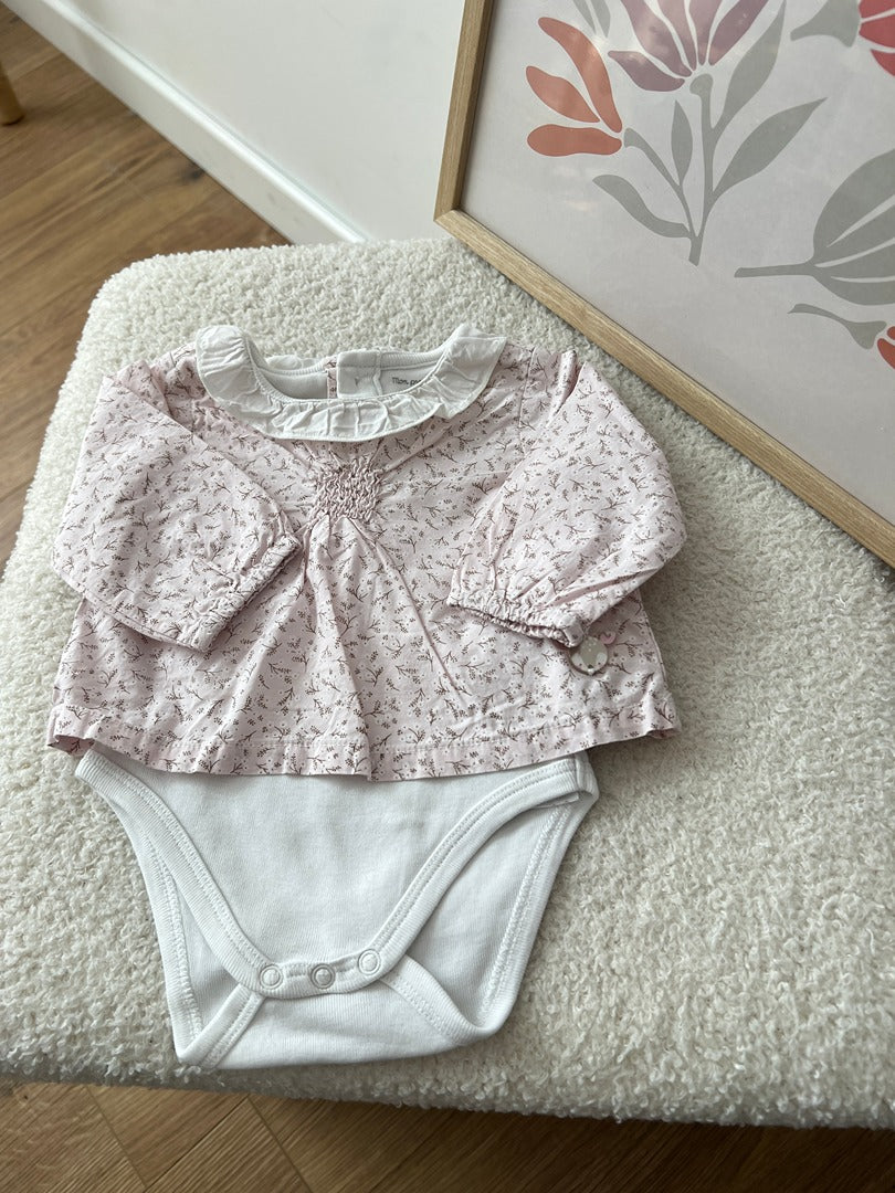 Blouse fleuri joli col avec body intégré fille - Sergent Major - 1 mois - Rose blanc