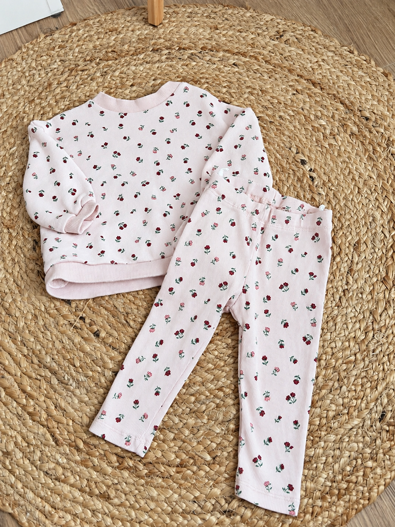 Ensemble pull et legging rose H&m fille 12 mois fleuri hiver manches longues