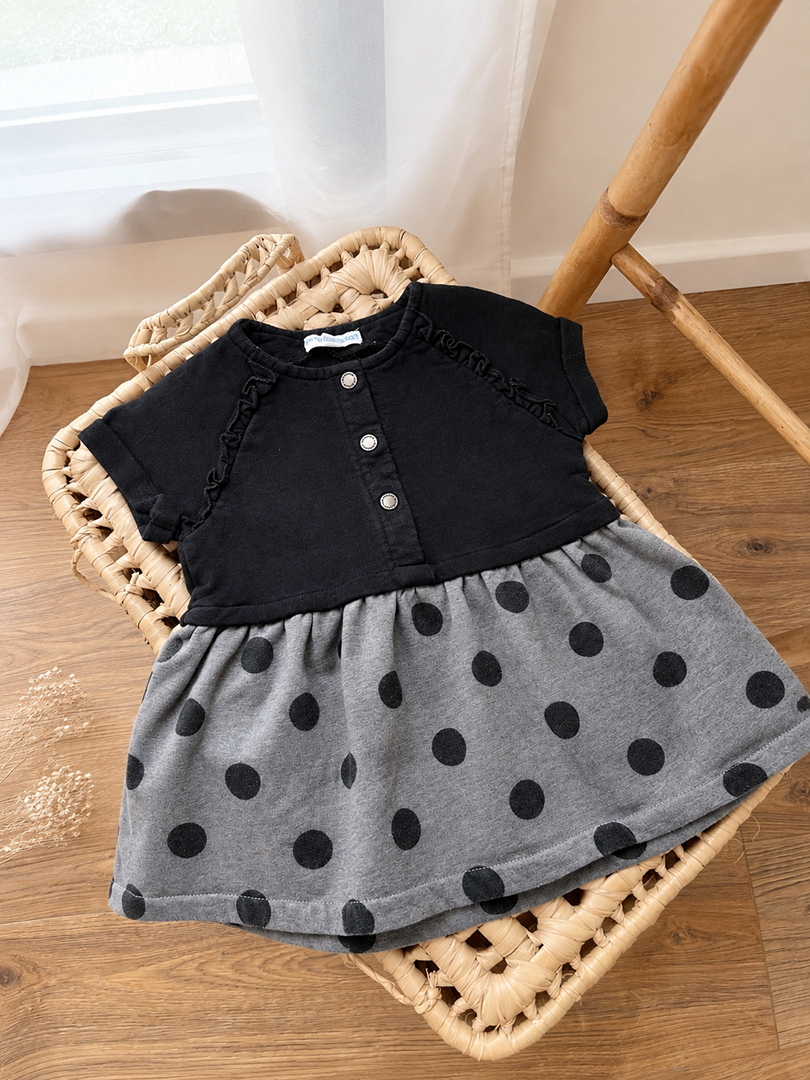 Robe bébé fille Vertbaudet manches courtes grise et noire motif pois 9 mois mi-saison