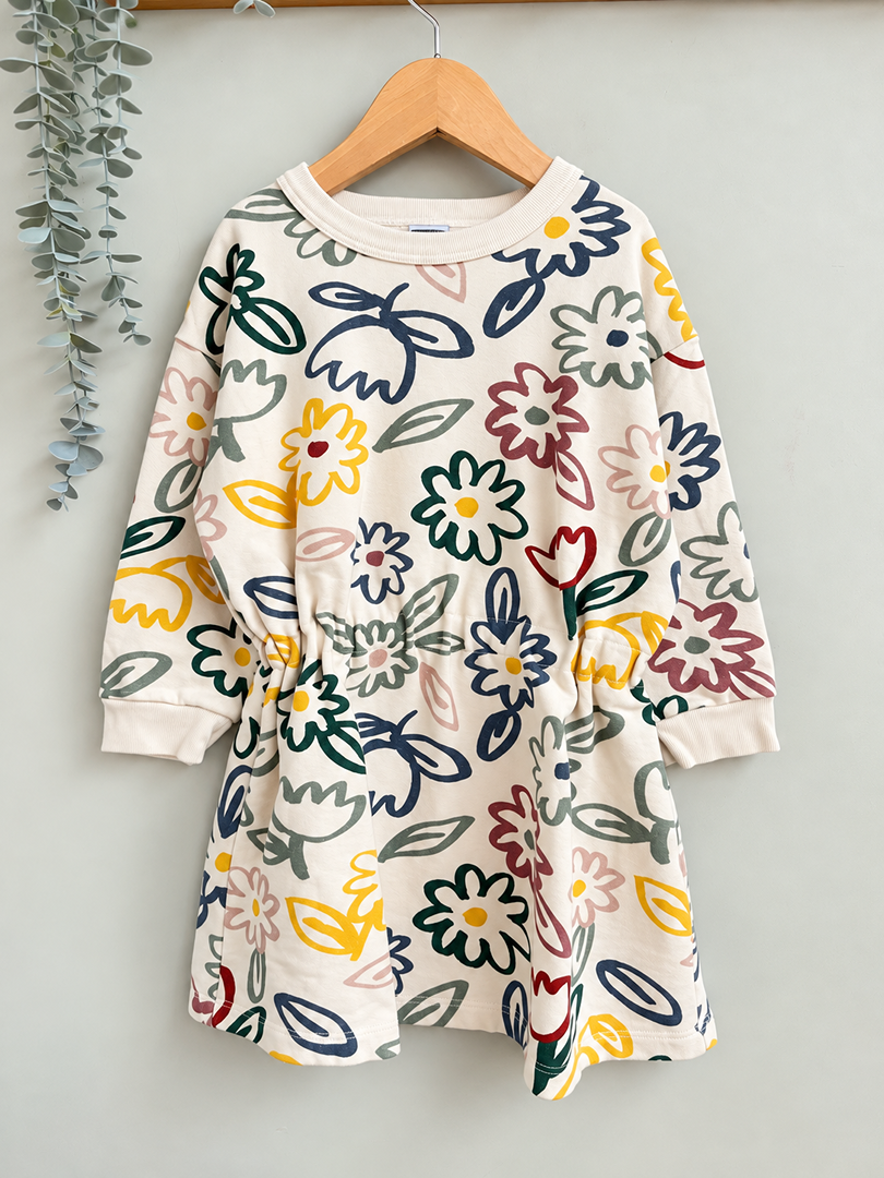 Robe fille Petit Bateau 5 ans écru imprimé fleurs mi-saison manches longues