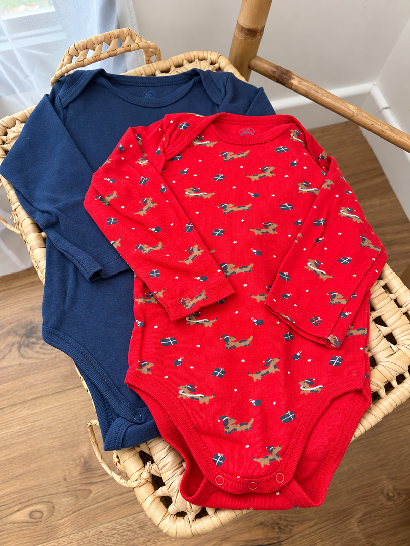 Lot de 2 bodies garçon Noël col Us manches longues mi-saison rouge et bleu Mots d'enfants 12 mois