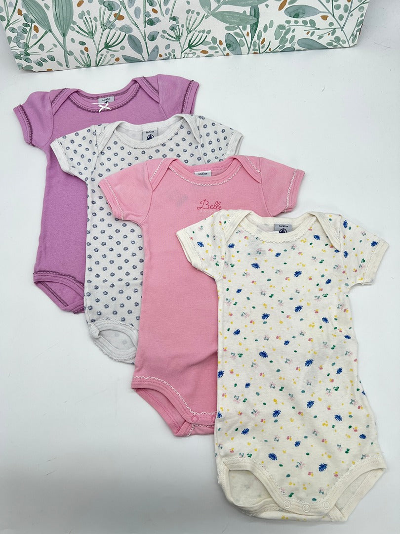 Lot 4 bodies manches courtes été fille col Us Petit Bateau - 6 mois - Rose blanc fleuri