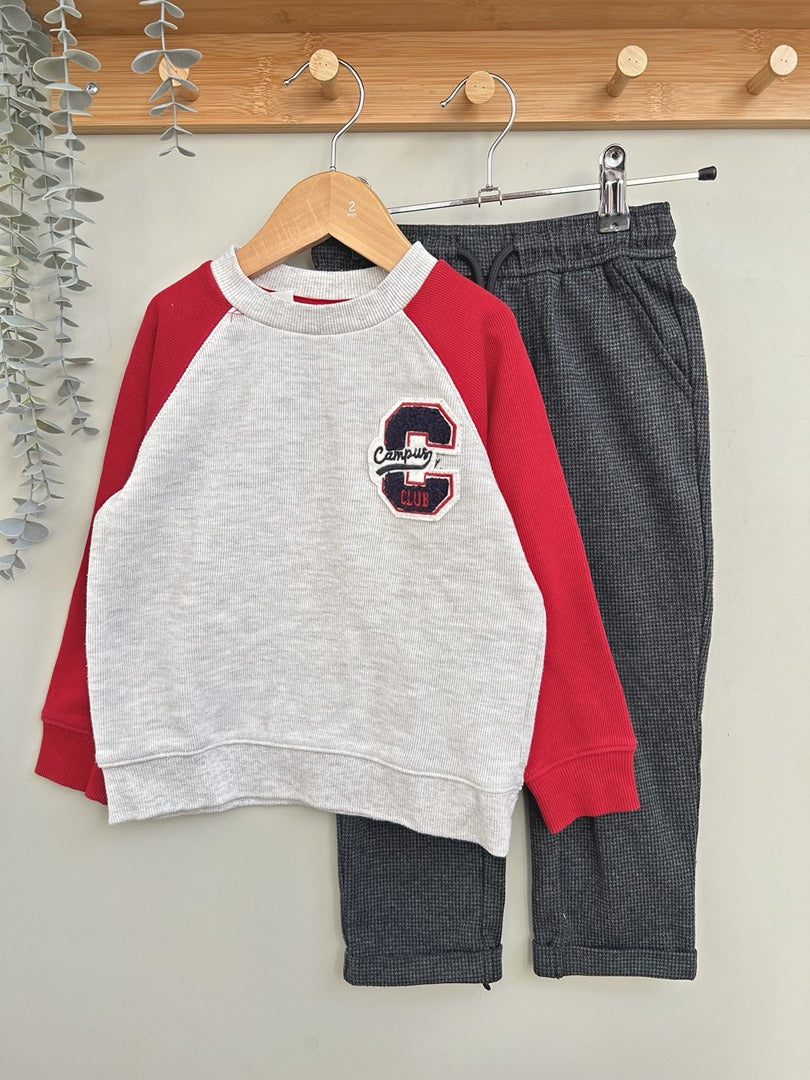 Ensemble garçon mi-saison sweat manches longues gris rouge et pantalon 4 ans
