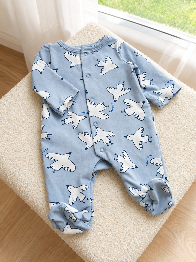 Pyjama 1 pièce jersey naissance garçon Tape à l'œil bleu imprimé oiseaux mi-saison manches longues