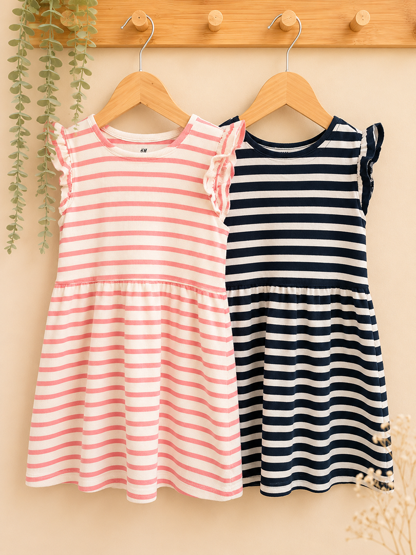 Lot 2 robes côtelés rayées fille H&m 5 ans rose marine été manches courtes