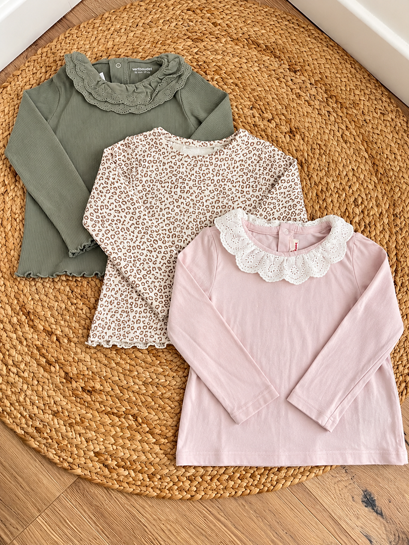 Lot de 3 t-shirts manches longues fille vert et rose mi-saison 3 ans côtelé léopard Zara Vertbaudet