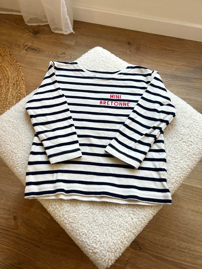 T-shirt marinière fille Breizh Club mi-saison écru et bleu marine manches longues 2 ans