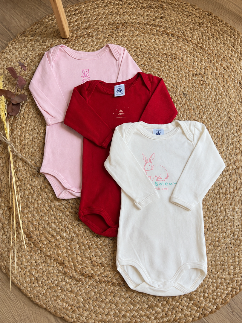 Lot de 3 bodies col Us manches longues fille Petit Bateau 6 mois rose