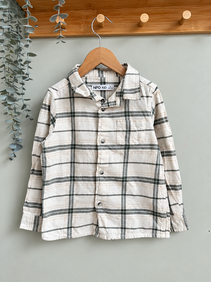 Chemise garçon Npo Kid beige et vert à carreaux manches longues mi-saison 4 ans