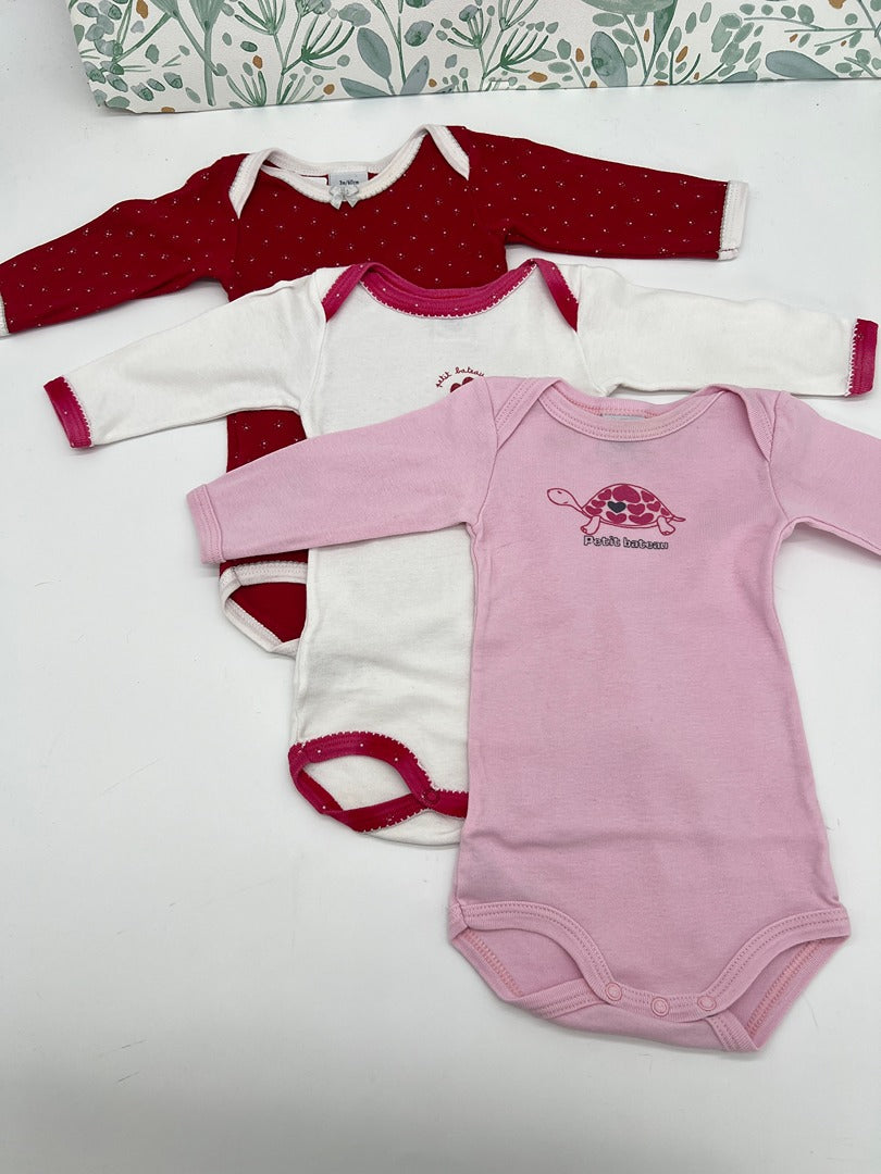 Lot 3 bodies manches longues col Us fille Petit Bateau - 3 mois - Rose rouge rose