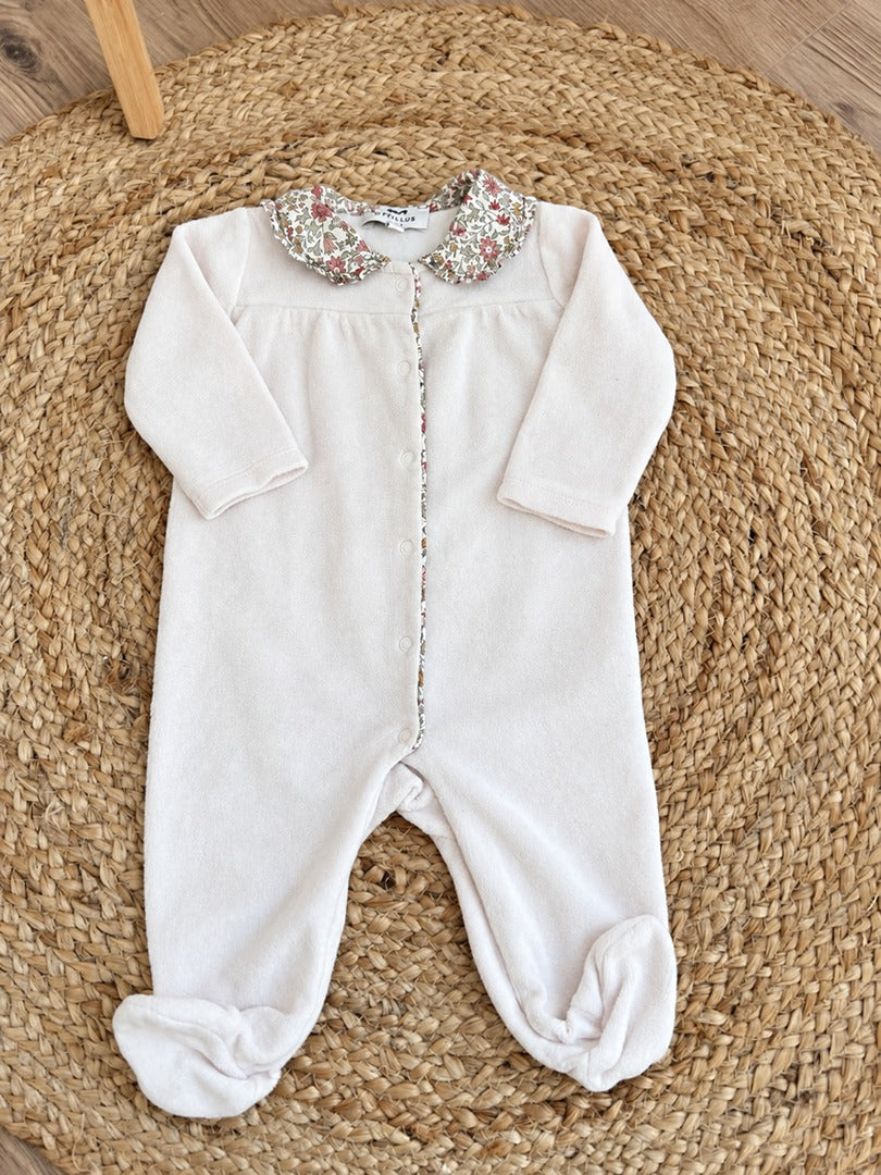 Pyjama 1 pièce velours jolie col Liberty fille rose Cyrillus manches longues 6 mois