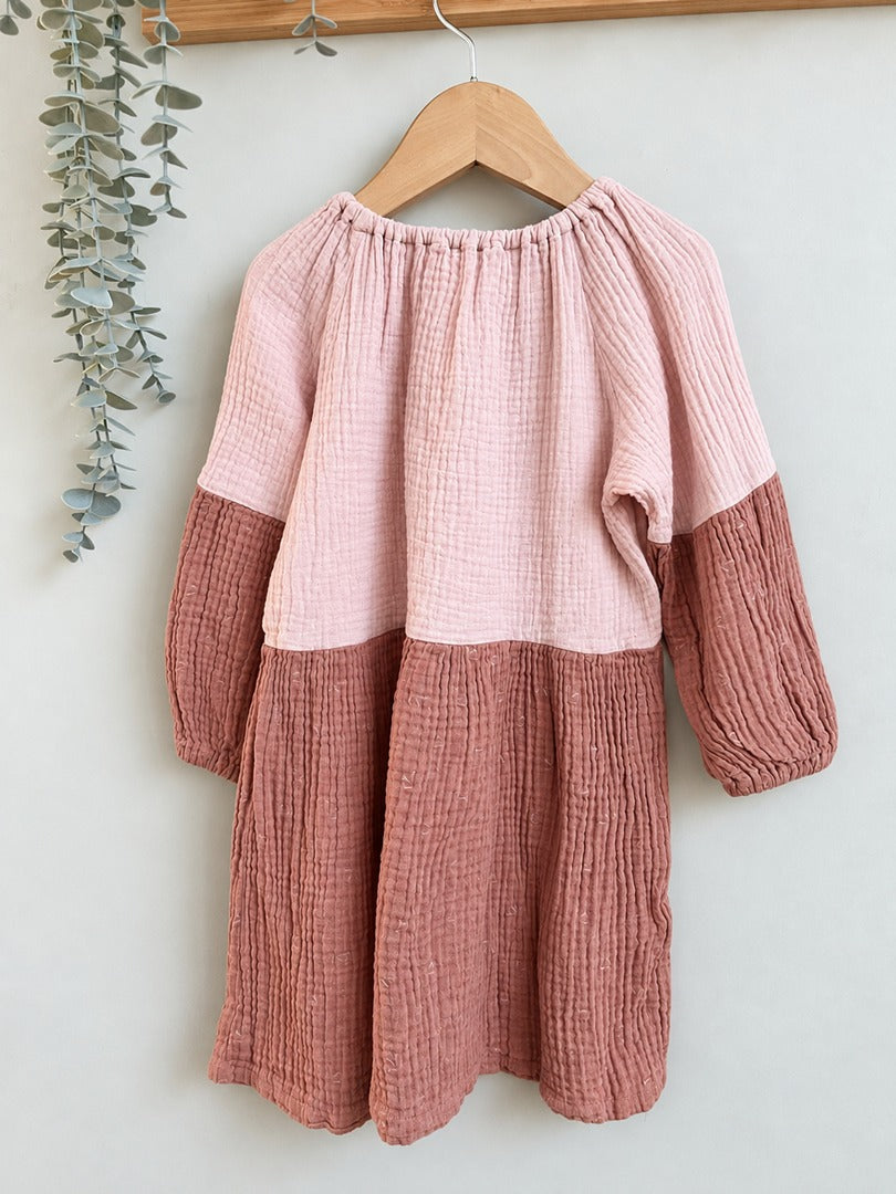 Robe fille rose et terracotta gaze de coton manches longues mi-saison 4 ans