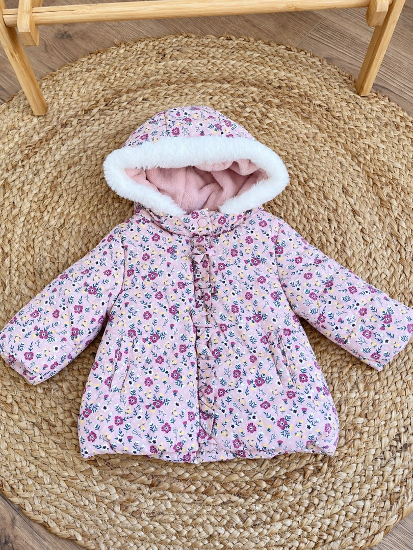 Manteau fille Mes Petits Cailloux rose à fleurs hiver manches longues 3 mois