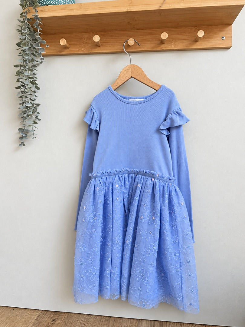 Robe côtelé tulle fille Primark bleue manches longues mi-saison 7 ans