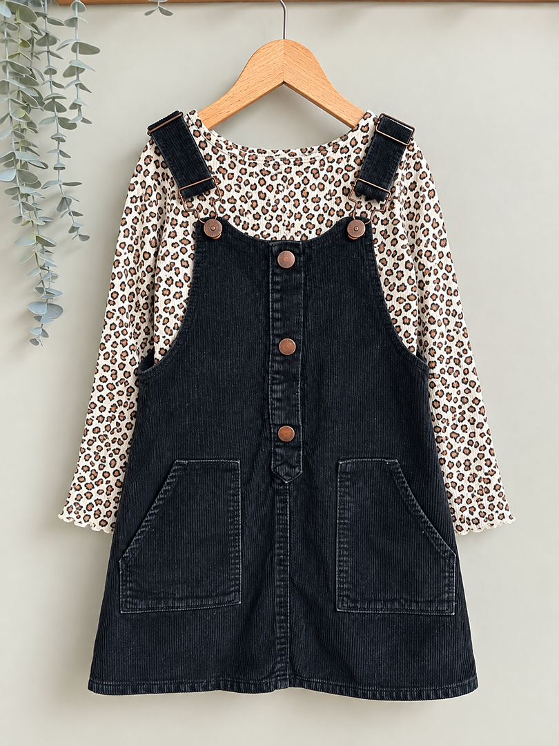 Ensemble robe chasuble noire velours et t-shirt léopard fille mi-saison 6 ans