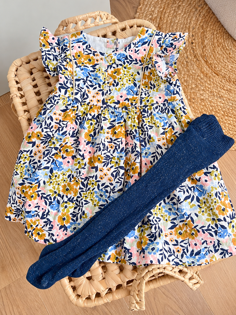 Robe fleurie tenue mi-saison fille Du Pareil au Même 9 mois manches courtes collant