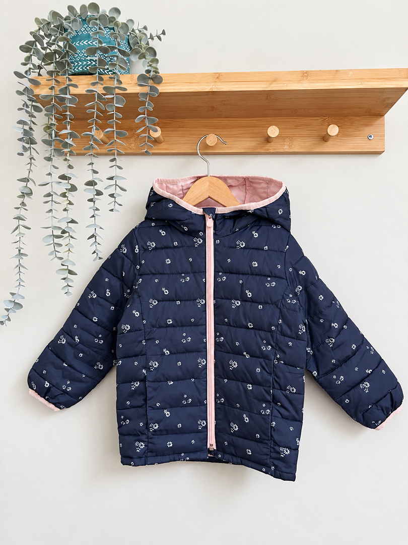 Doudoune fille Baby Gap bleu marine fleurs hiver manches longues 4 ans