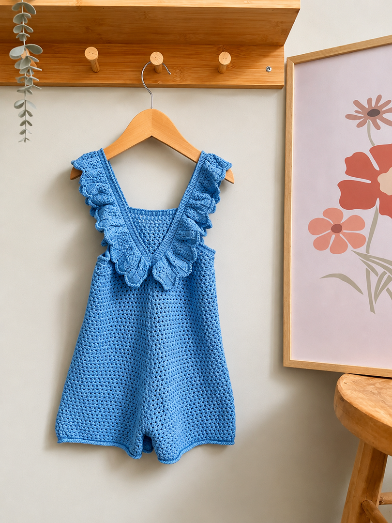 Combishort barboteuse Zara 3 ans bleu en crochet fille été sans manches