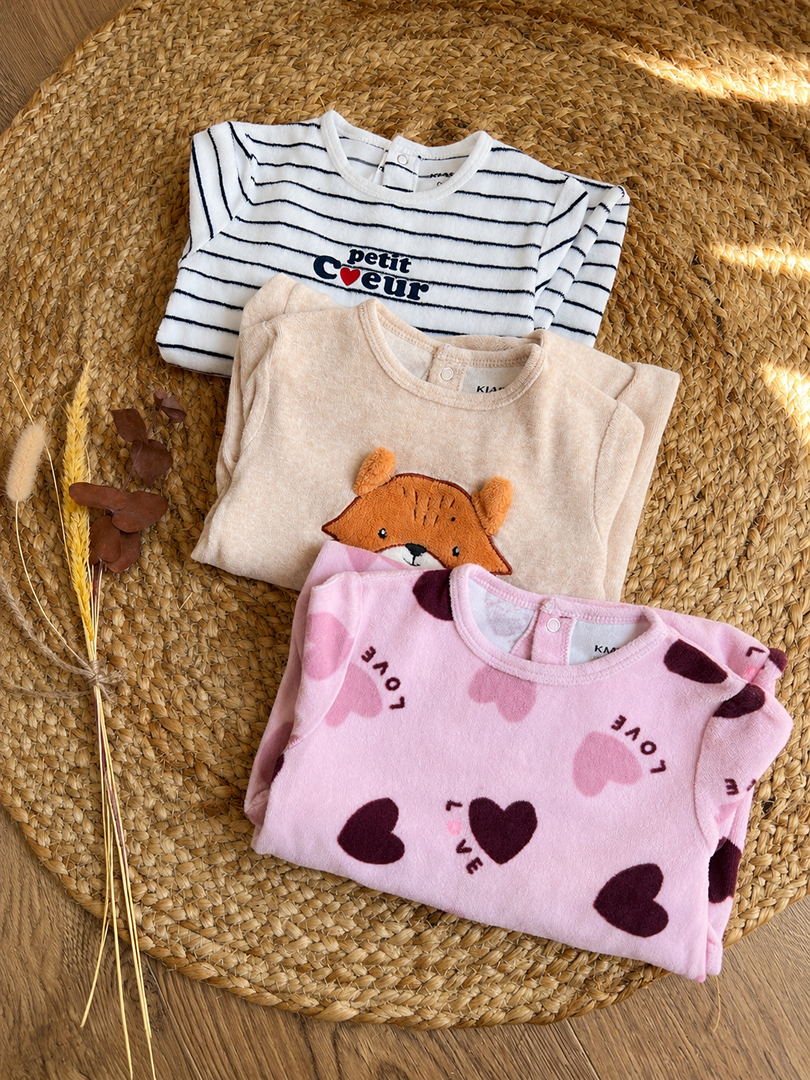 Lot 3 pyjamas 1 pièce velours Kiabi 9 mois fille chaud hiver