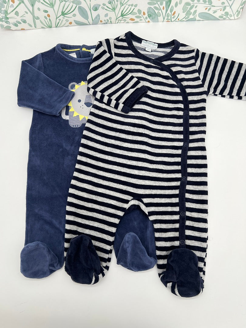 Lot 2 dors-biens Pyjama 1 pièce velours garçon Kimbaloo - 3 mois - Bleu rayé