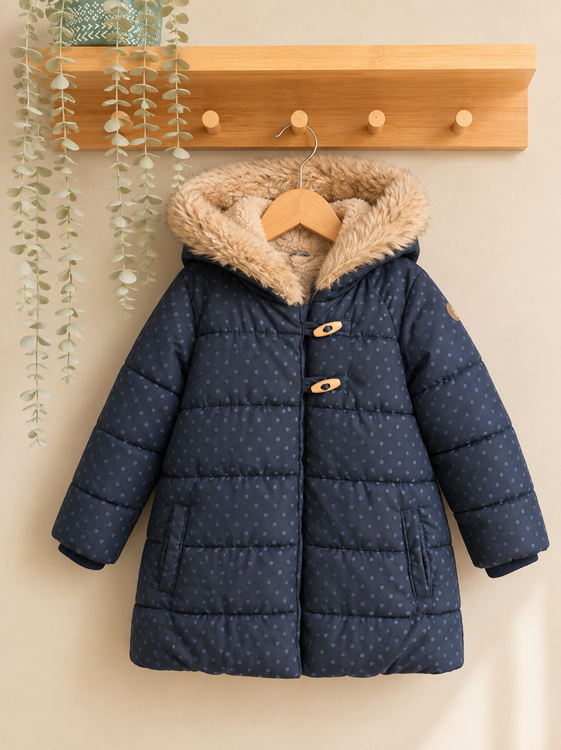 Manteau chaud fille Obaïbi bleu à pois 3 ans hiver