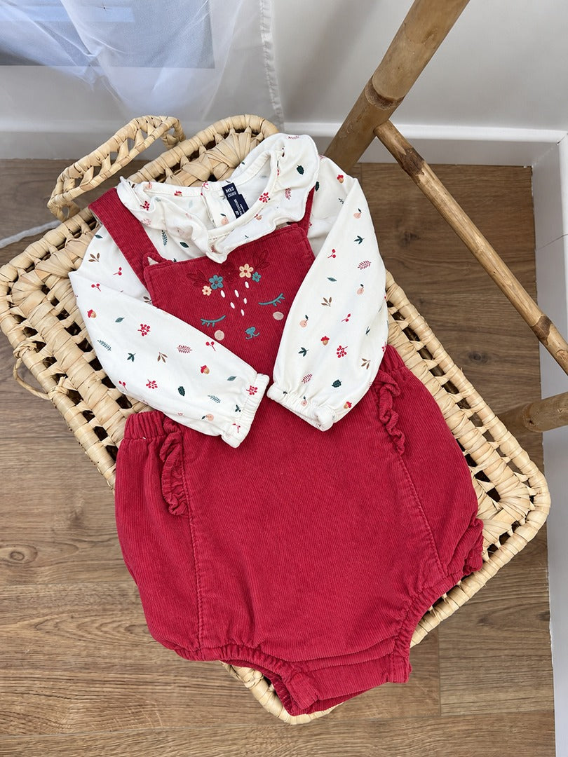 Ensemble fille Sergent Major mi-saison t-shirt et barboteuse velours côtelé rouge 18 mois