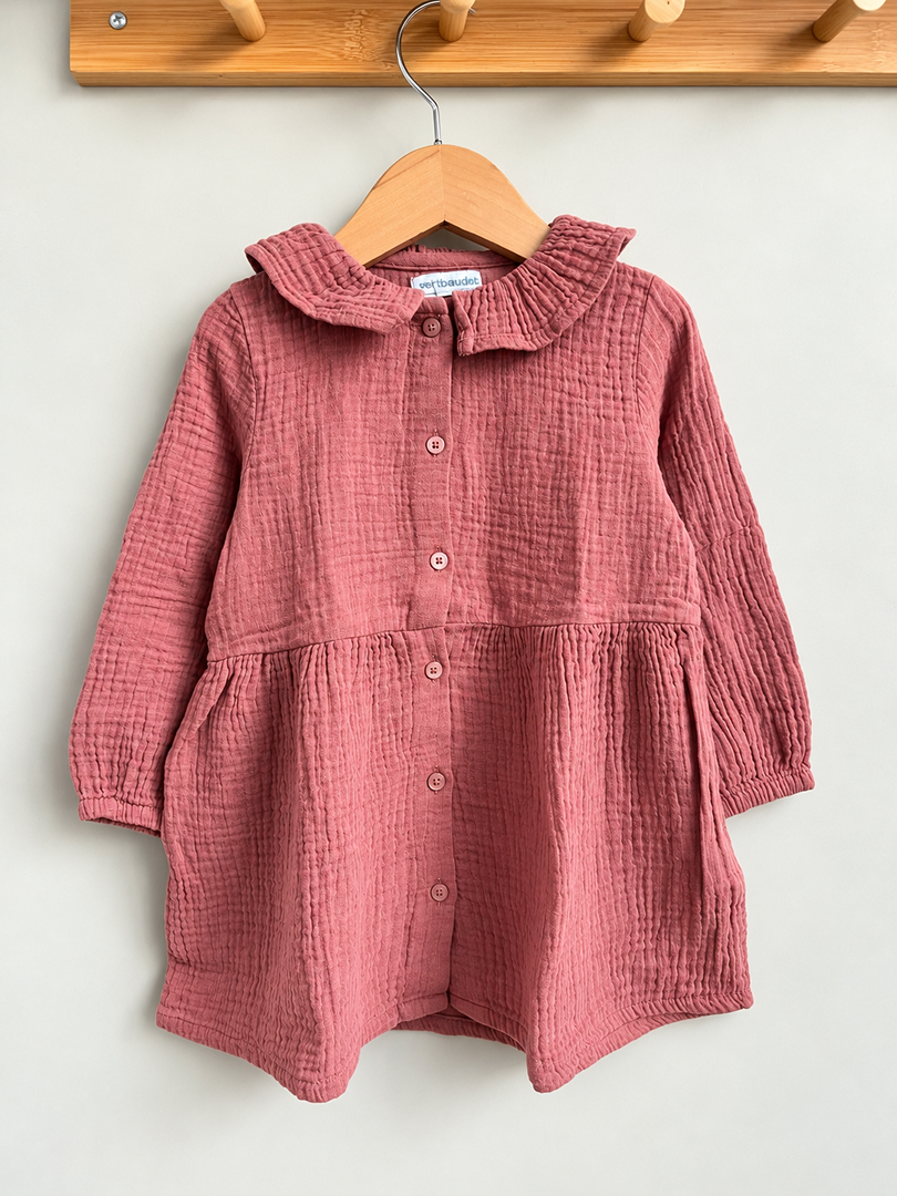 Robe chemise gaz de coton Vertbaudet rose fille mi-saison manches longues 2 ans