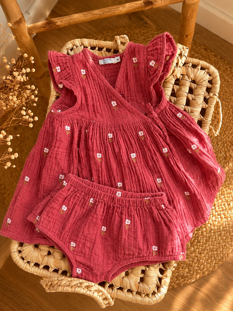 Ensemble robe et bloomer assorti fille Bout'chou 6 mois gaze de coton rose été
