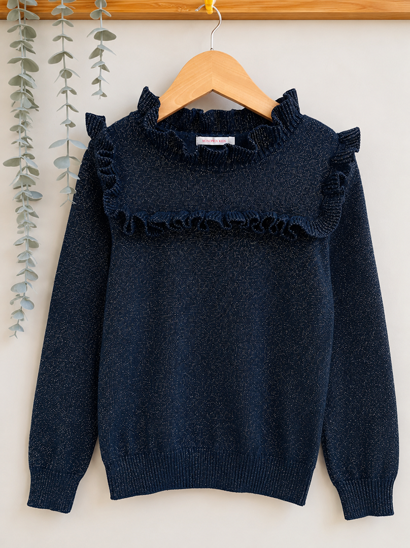 Pull fille Monoprix Kids 5 ans bleu pailleté volants