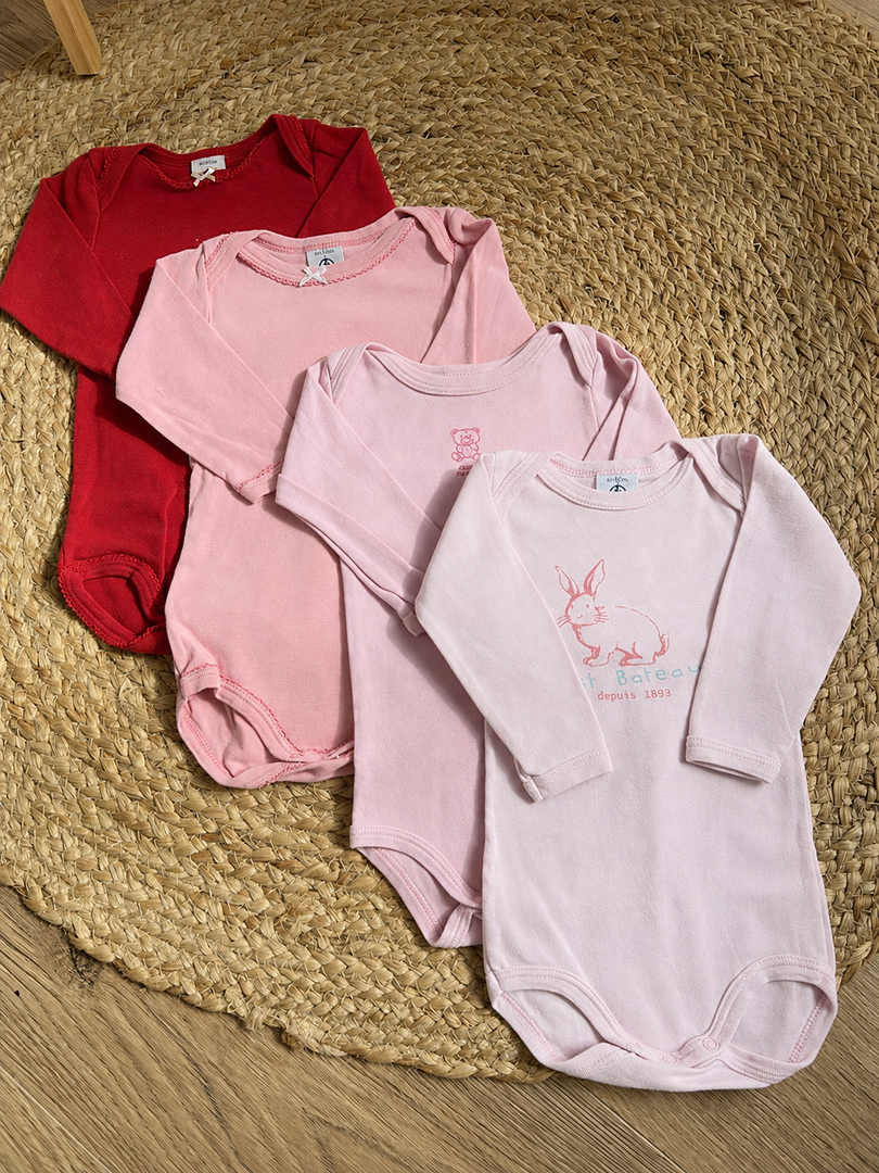 Lot de 4 bodies fille manches longues mi-saison rouge et rose Petit Bateau 6 mois