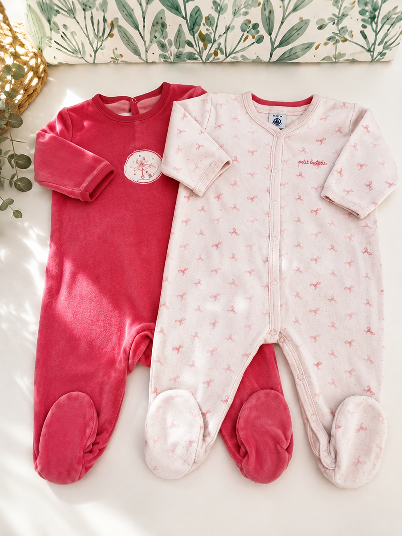 Lot 2 pyjamas 1 pièce velours rose fille - Petit Bateau 6 mois hiver