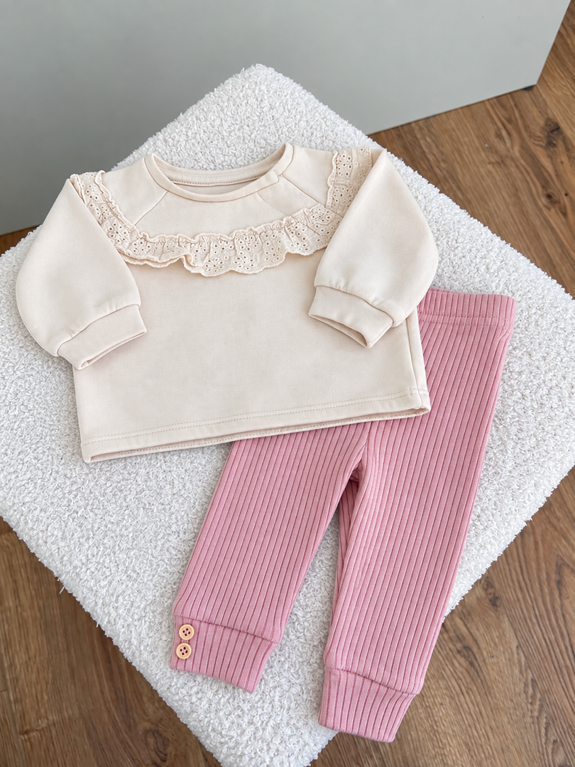 Ensemble fille rose et beige mi-saison pull manches longues et leggings 12 mois