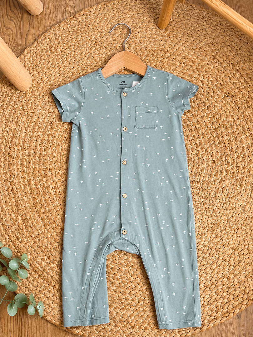 Barboteuse H&m 9 mois 12 mois 74 cm verte coton bio manches courtes mixte fille et garçon