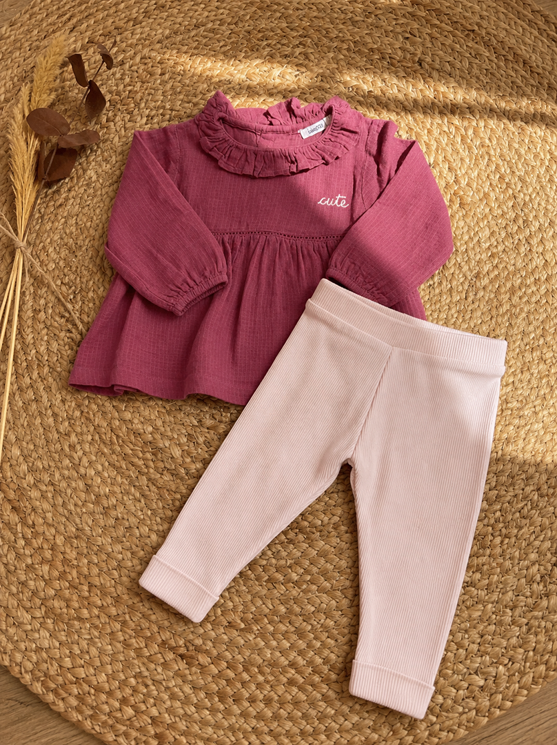 Ensemble fille Bout'chou Tao 6 mois rose blouse manches longues legging côtelé mi-saison