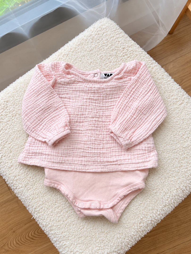 Top gaz de coton avec body intégré fille Tape à l'œil rose pastel mi-saison manches longues 3 mois